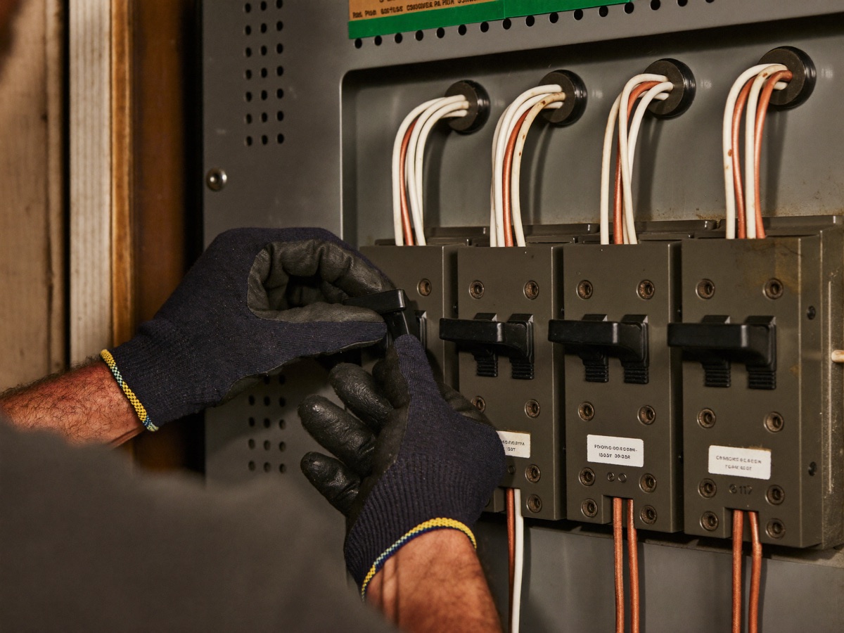 Electrician working in an aging breaker panel, a major EV charger installation cost variable