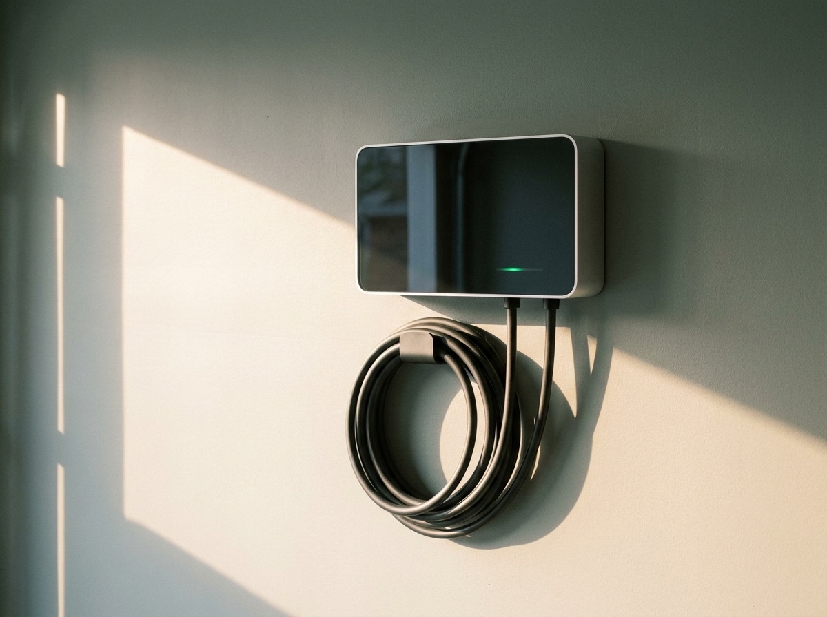 Wall-mounted Level 2 charger with its cable docked on a garage wall, status light green