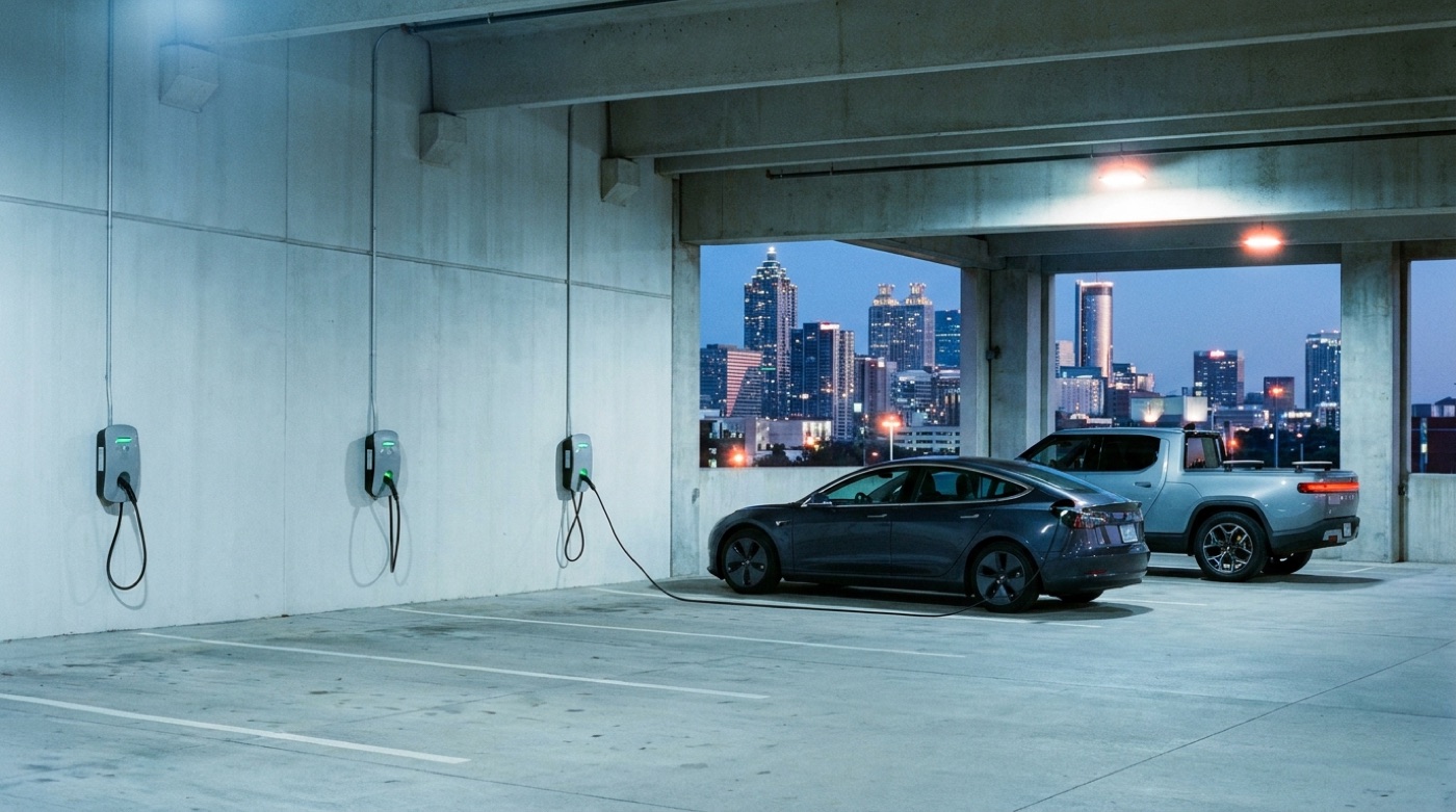 Row of EV chargers in an Atlanta apartment parking deck at evening, two cars charging, skyline behind